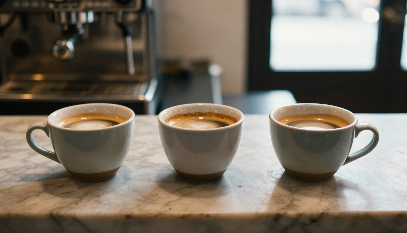 Three ceramic cups in small, medium and large sizes lined up on a marble cafe counter