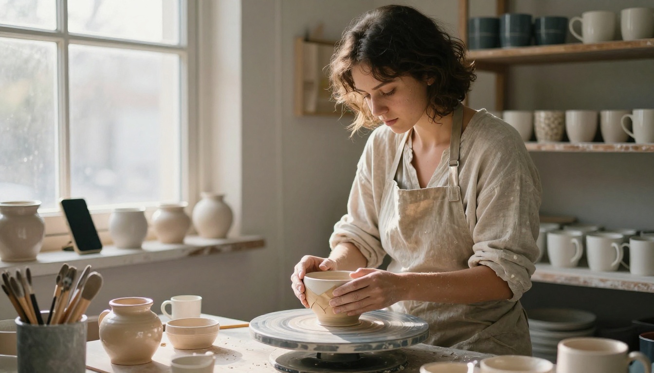 A potter wrapping a glazed bowl in kraft paper in her ceramic studio