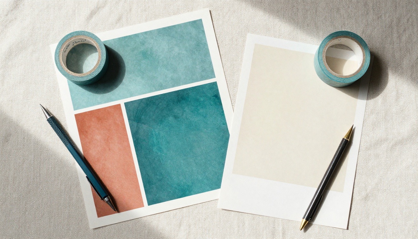 Top down flat lay of color swatches, fabric offcuts and a printed poster proof on linen