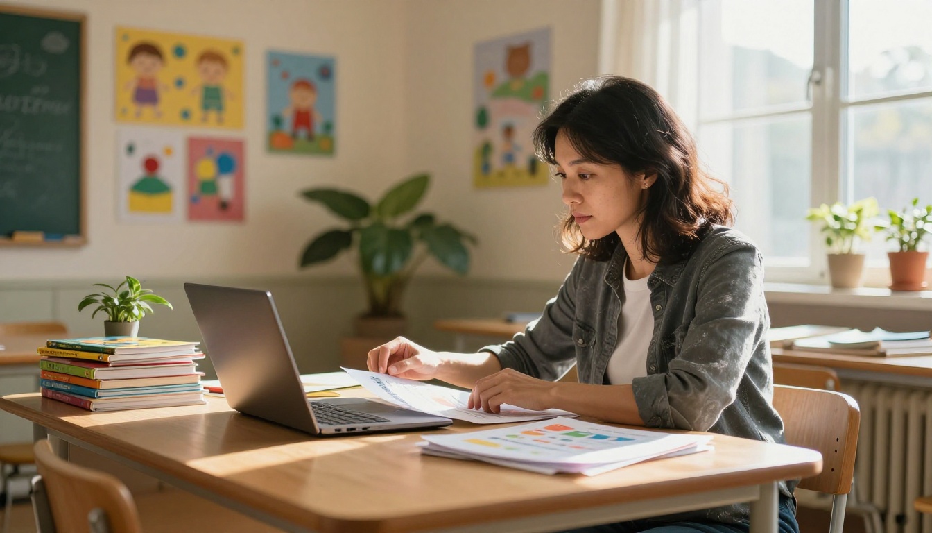 A teacher arranging printed worksheets and a laptop on a desk in a bright classroom
