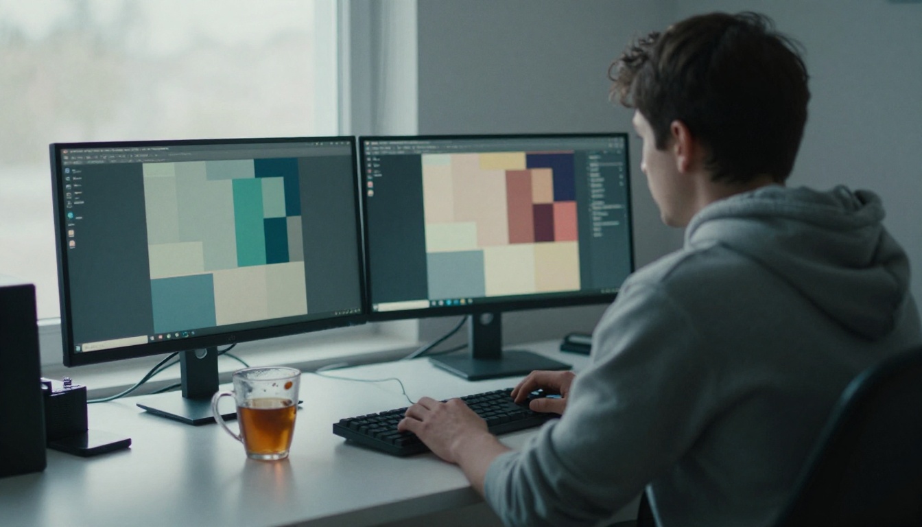 A software developer at a standing desk with two blurred monitors and a cup of tea