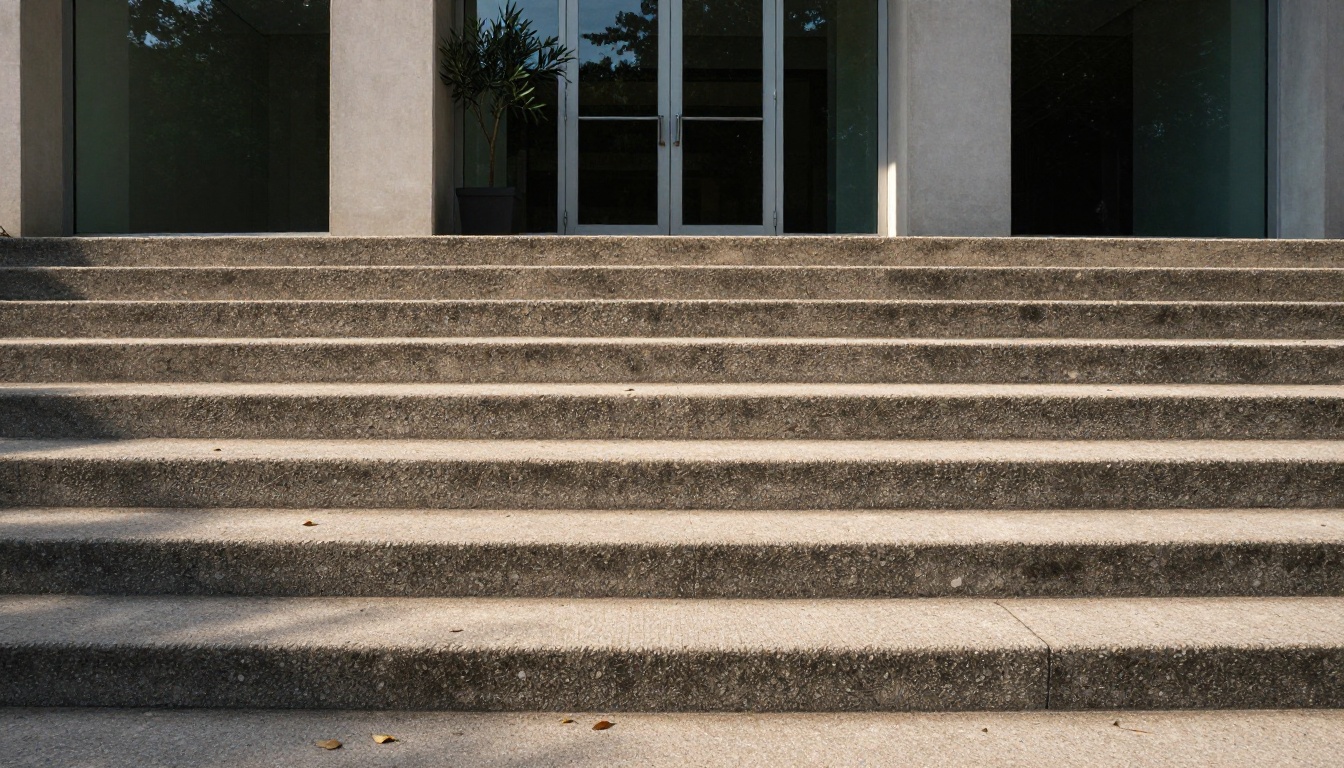 Four wide concrete steps rising toward a tall glass office door in morning light