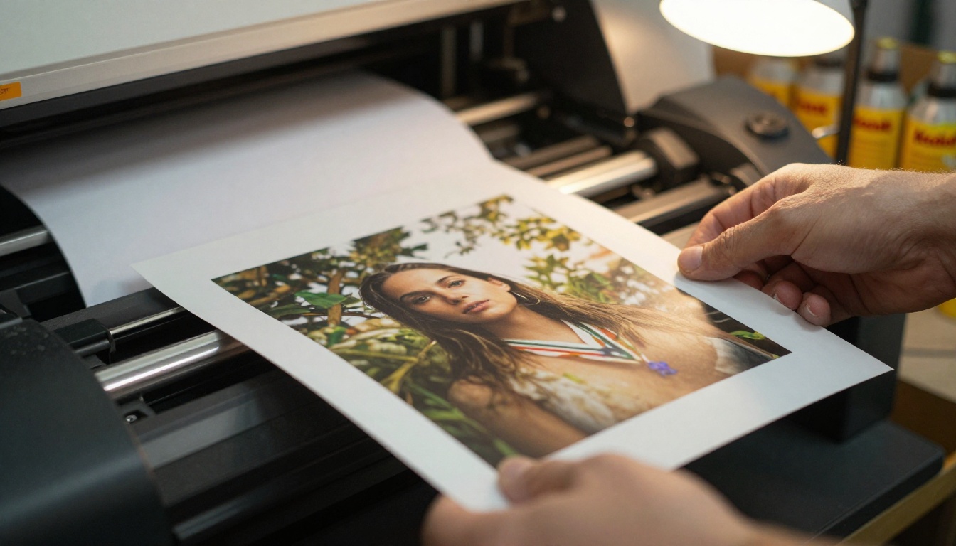 A hand lifting a freshly printed poster from a printer output tray in a small print shop