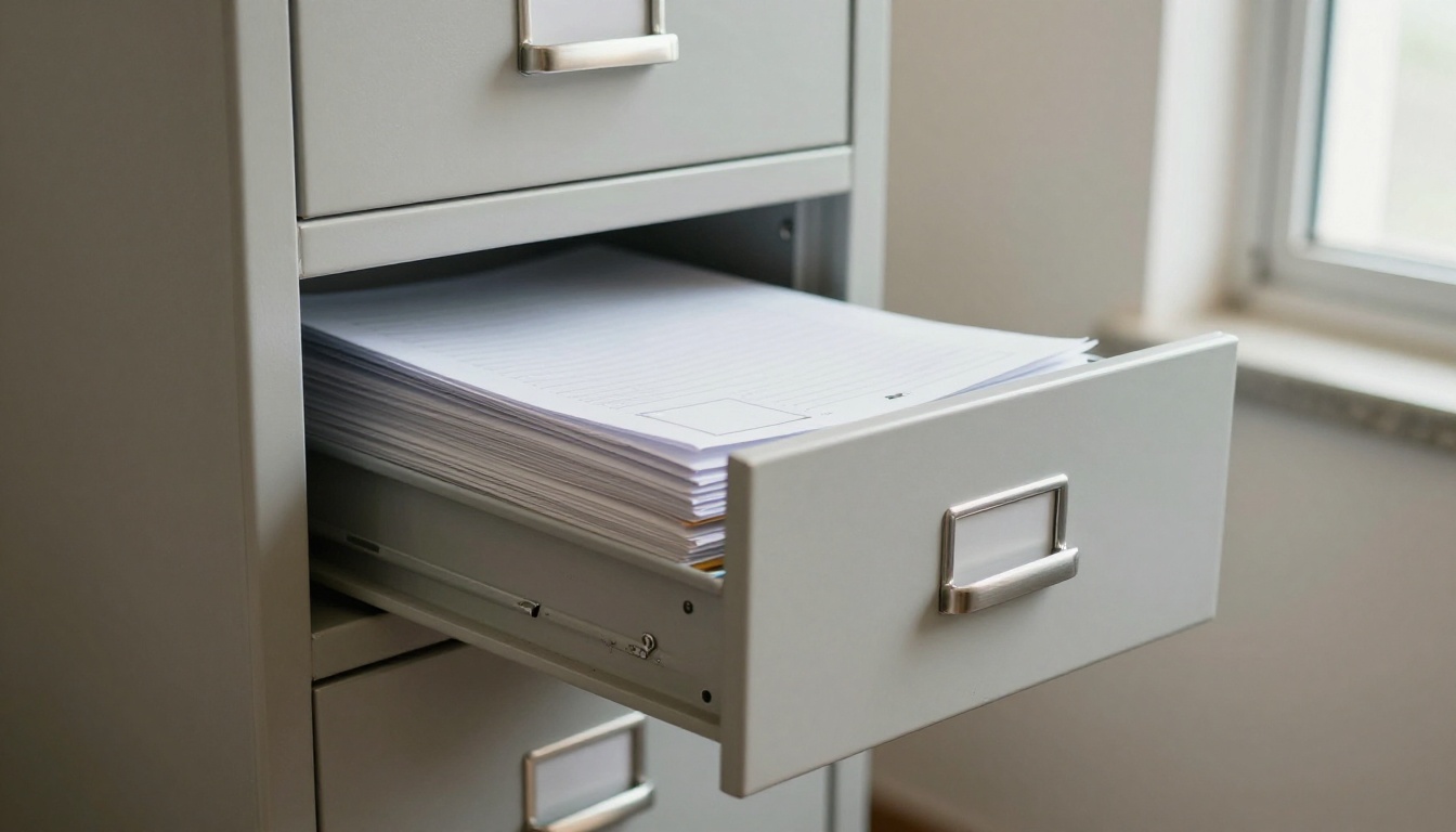 A gray steel filing cabinet with one drawer open showing hanging folders
