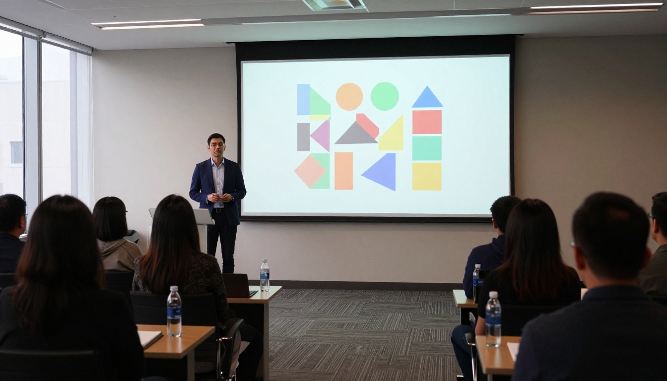 A presenter in a navy blazer beside a projected slide of colorful shapes in a conference room