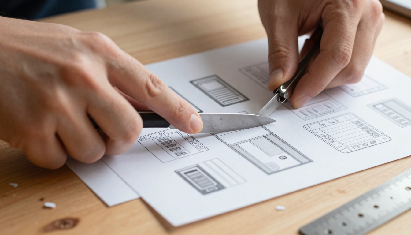 A designer's hands cutting a printed page of sketches into smaller pieces with a paper trimmer
