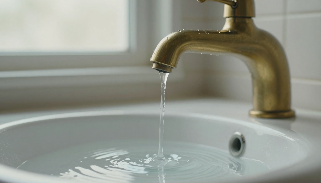 A single water drop falling from a brass faucet into a white basin