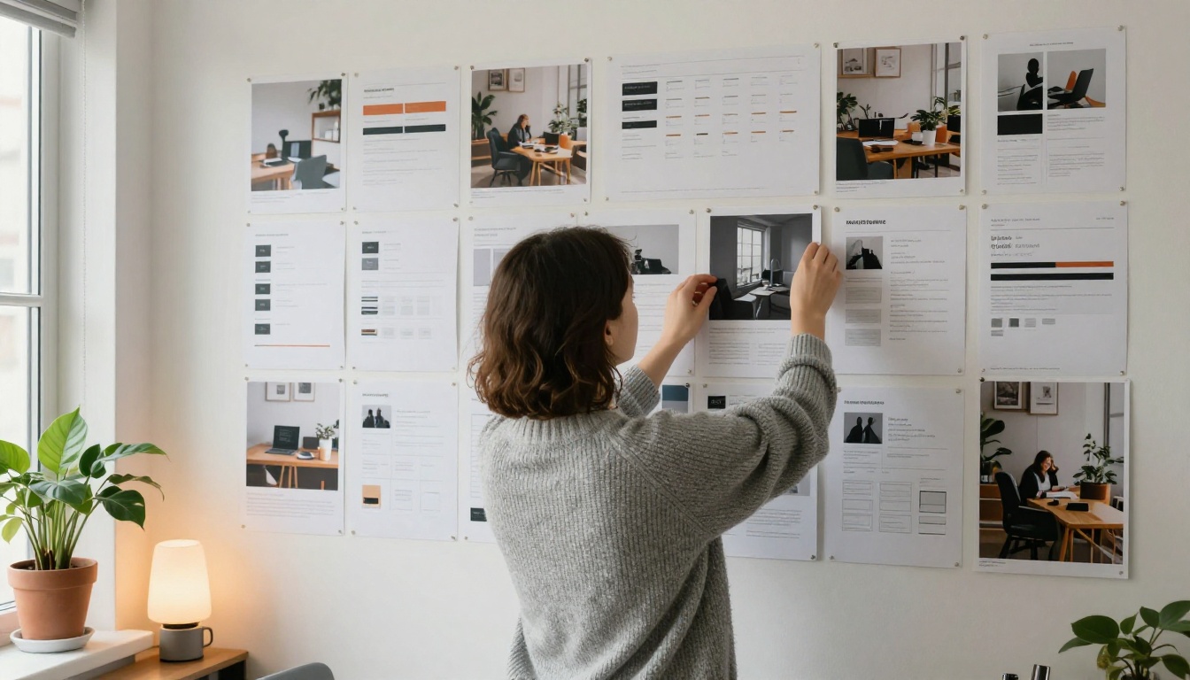 A designer seen from behind adjusting a printed mockup on a wall of pinned interface designs