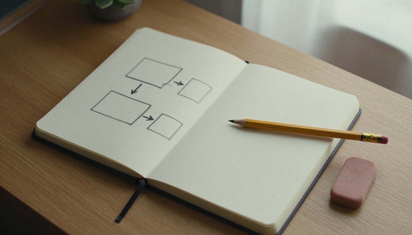 Hand-drawn diagram of three connected boxes in a notebook