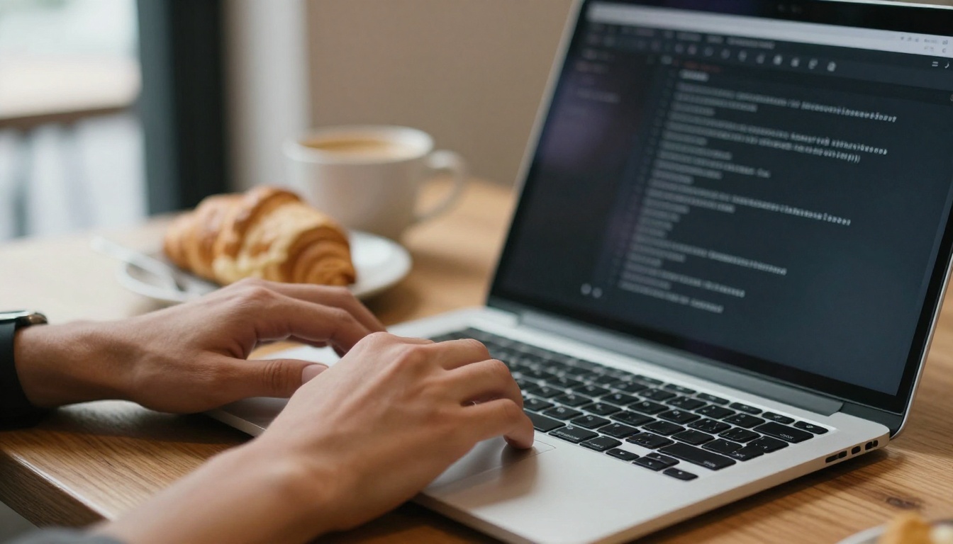 Developer hands typing in a dark terminal on a silver laptop at a cafe table
