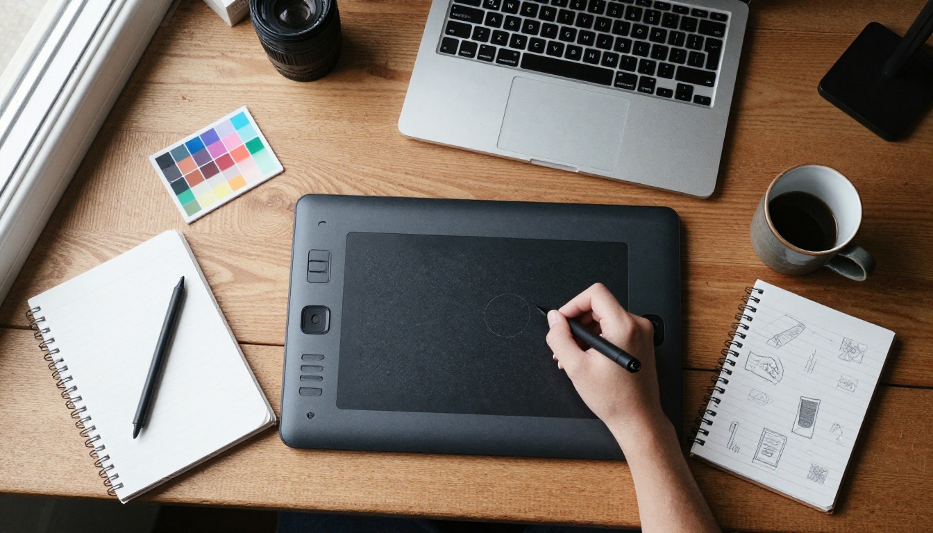 Overhead view of a designer's oak desk with a laptop, drawing tablet, stylus and sketch notebook