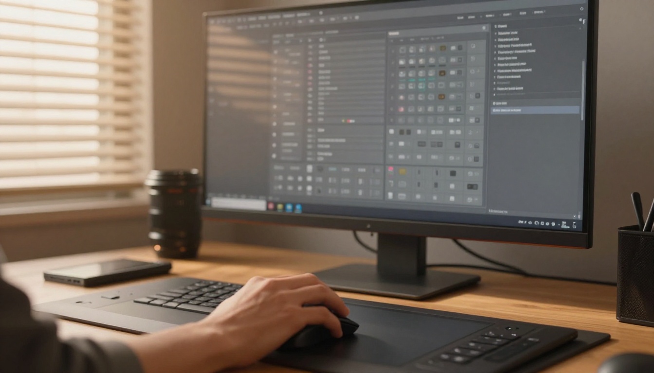 Artist hand on a mouse beside a monitor showing a preferences panel