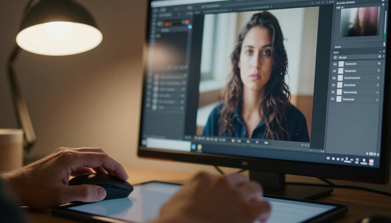 Retoucher's hands on a mouse and tablet in front of a monitor showing a portrait being edited