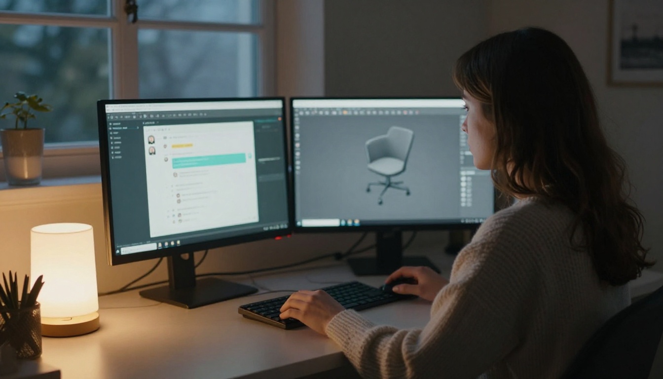 Woman at a dual monitor desk with a chat window and a grey 3D viewport