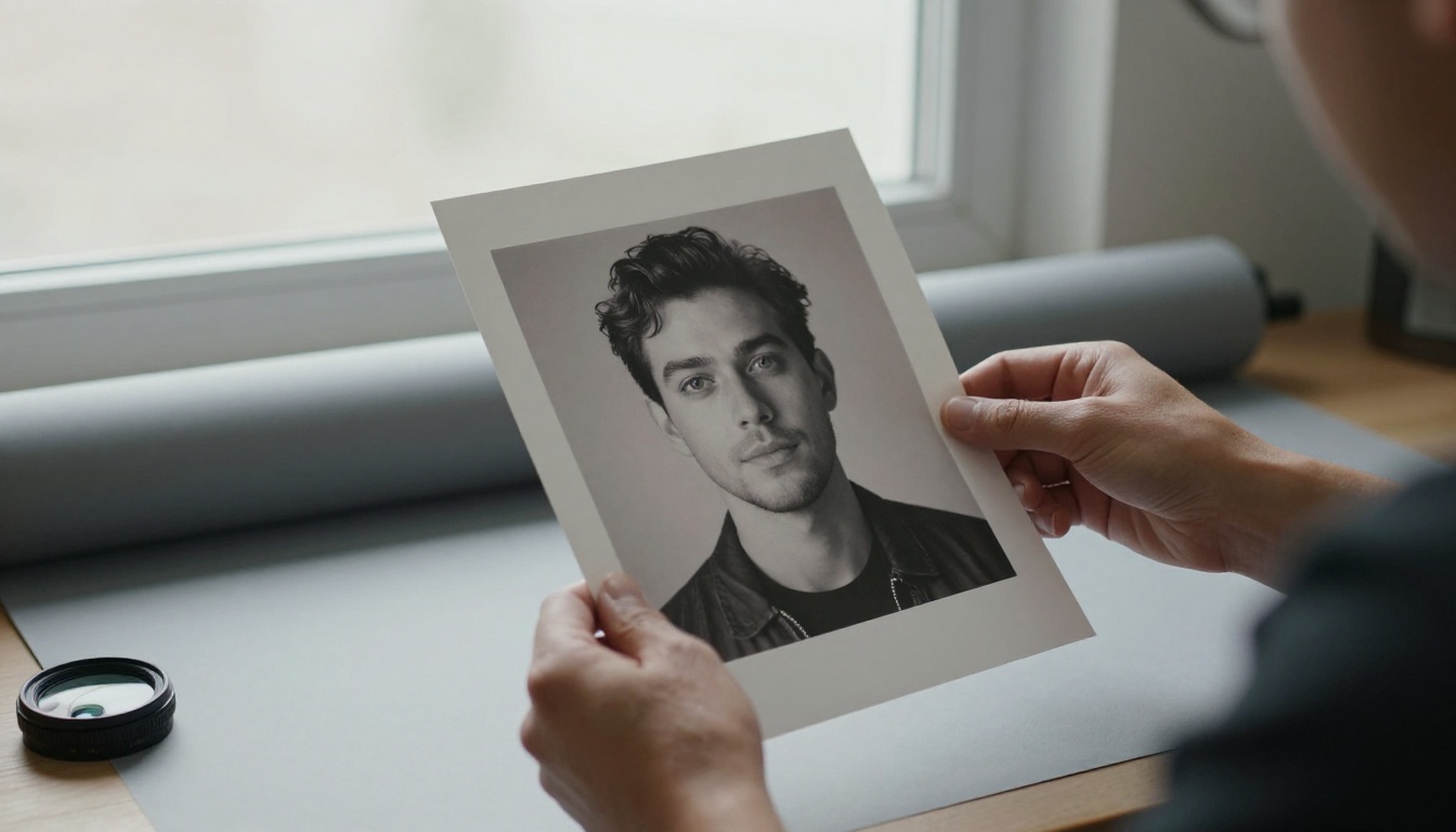Photographer holding a printed portrait up to a window to inspect the edges of a cutout