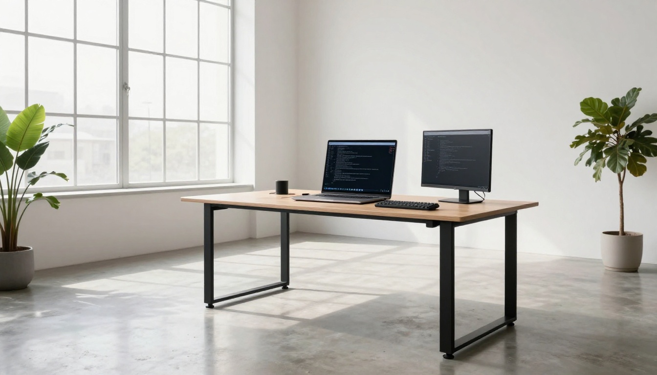 Standing desk with a laptop and ultrawide monitor showing terminal windows