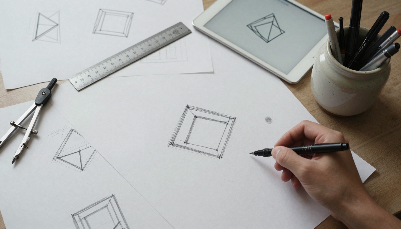 Overhead view of logo sketches on tracing paper beside a ruler, compass and felt tip pens