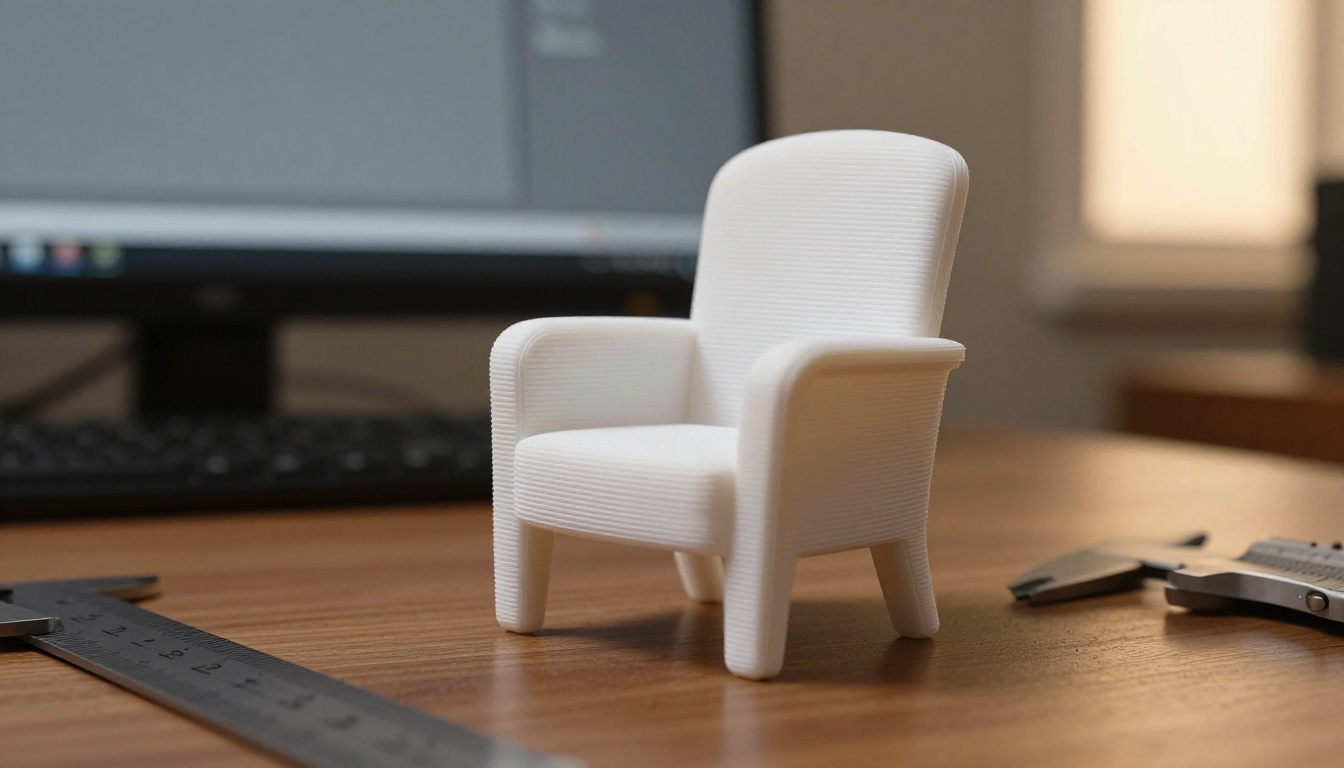 Macro shot of a small matte white 3D-printed armchair model on a walnut desk