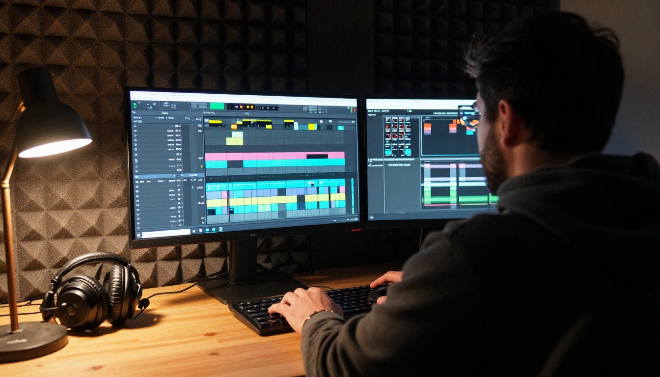 Video editor seen from behind in a dim edit suite with two monitors showing a timeline
