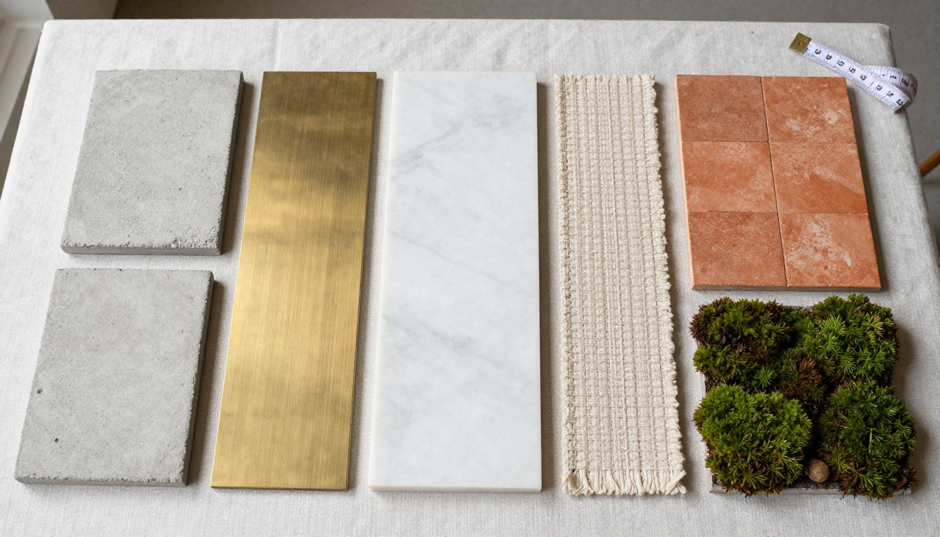 Flat lay of concrete, oak, brass, marble and fabric material samples