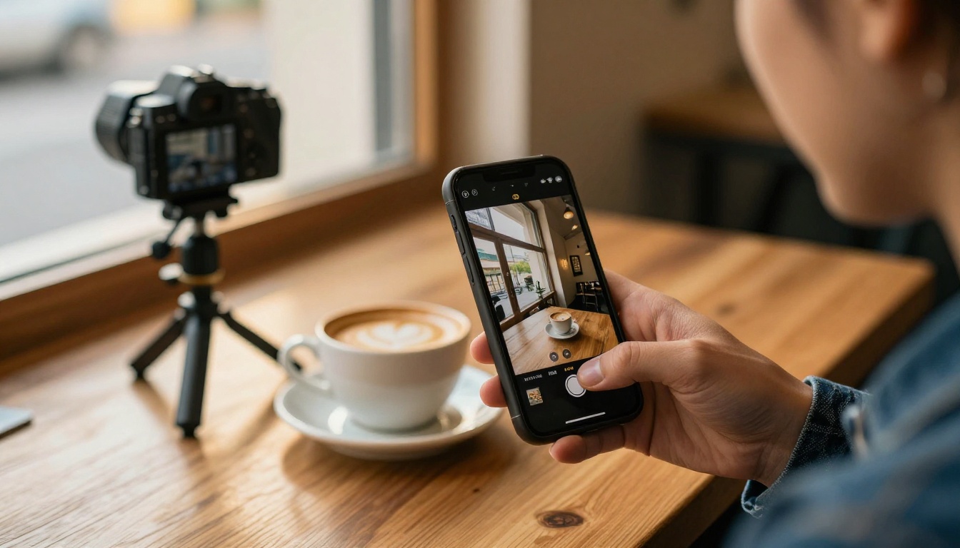 Creator checking a vertical smartphone frame next to a tripod mounted camera in a cafe