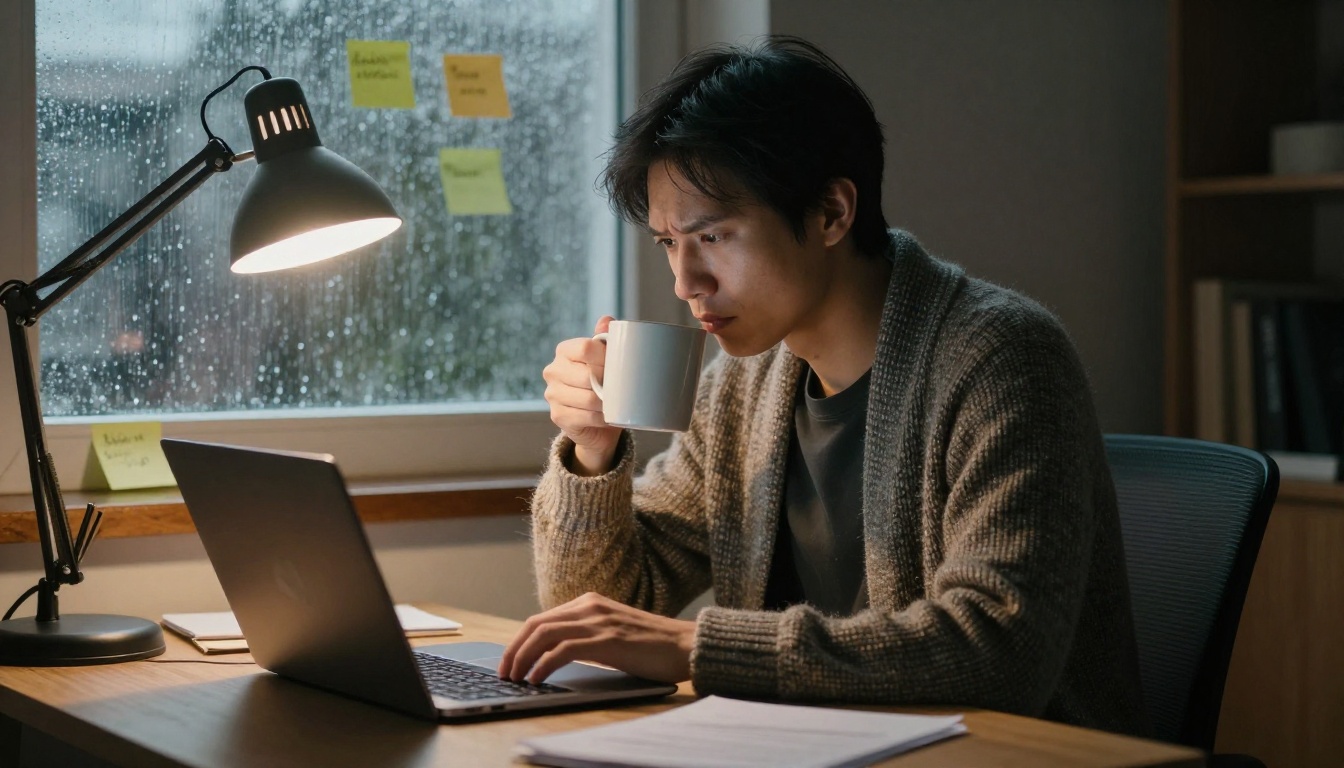 Developer reading a laptop screen late in the evening under a warm desk lamp