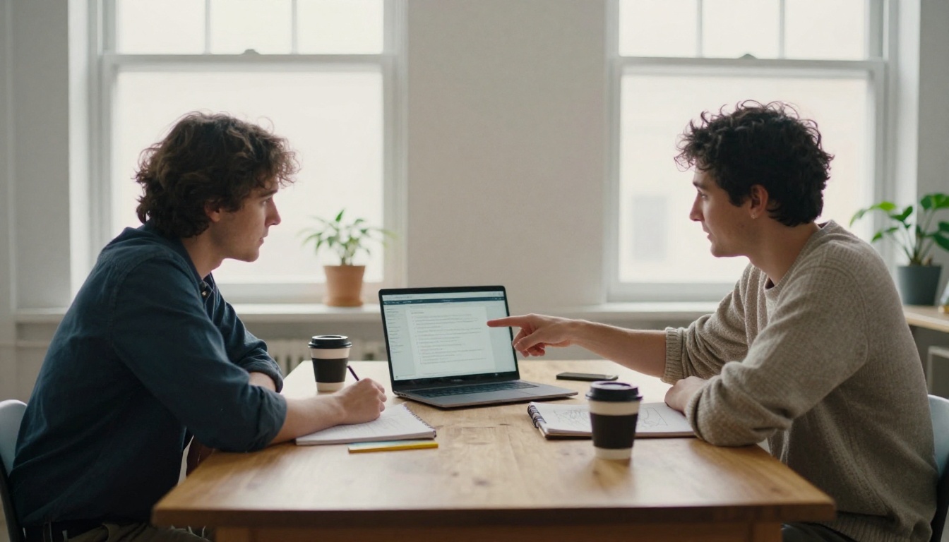 Developer and art director sharing one laptop at a long timber table in a bright office