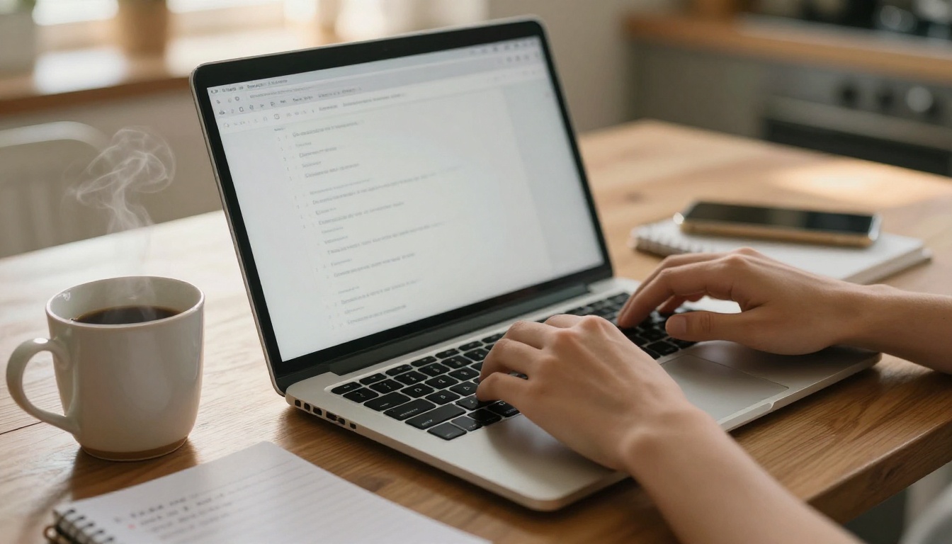 Hands typing on a slim laptop at a kitchen table beside a mug and a handwritten checklist