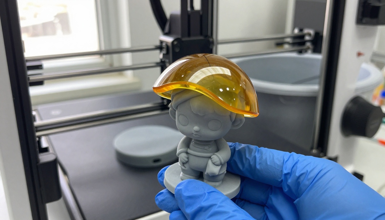 Resin printer finishing a small figurine held by a gloved hand