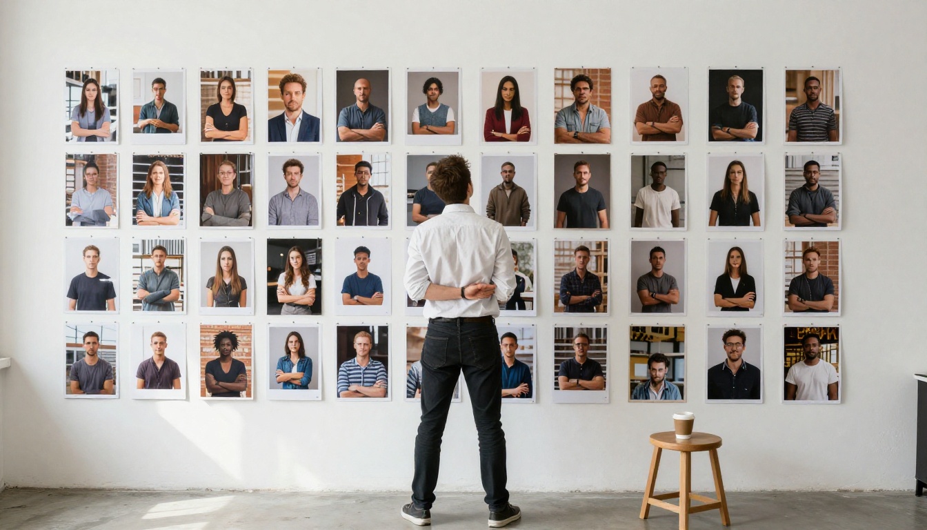 Art director reviewing printed contact sheets pinned to a corkboard wall in a bright studio