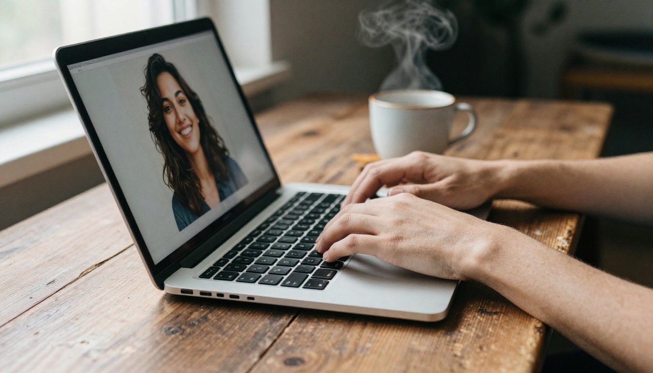 A photographer's hands typing a request on a laptop beside a printed portrait on a walnut table