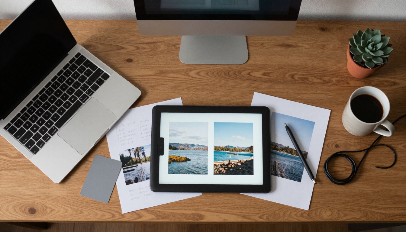 Overhead view of an oak desk with a laptop, graphics tablet, printed landscape photos and a coffee mug