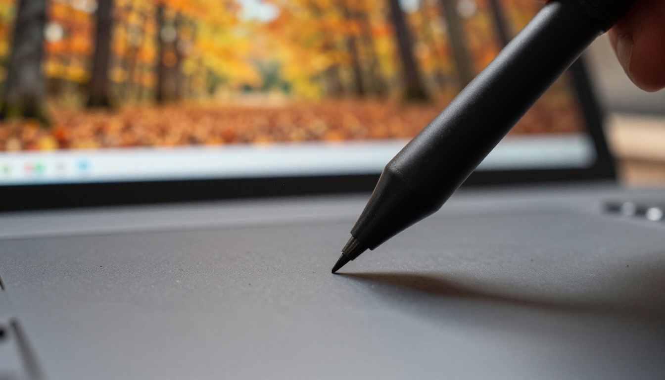 Extreme close-up of a stylus tip touching a graphics tablet with a blurred forest photo on the monitor behind