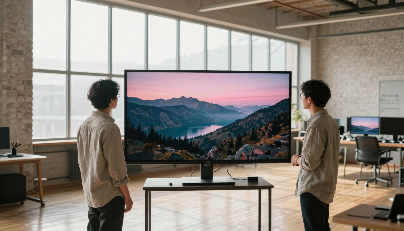 Two photo editors standing at a large monitor in a bright loft studio reviewing a mountain lake photo