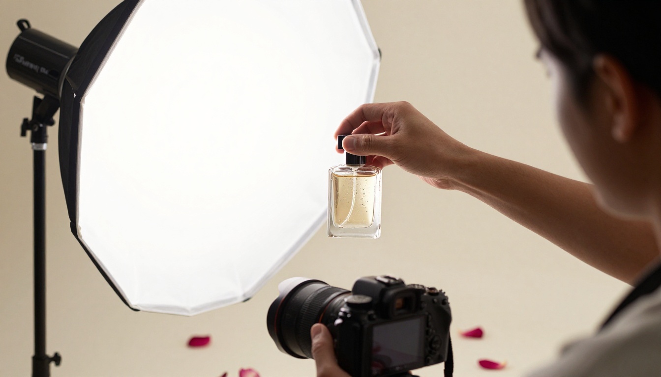 A product photographer adjusting a softbox above a crystal perfume bottle on a cream paper backdrop