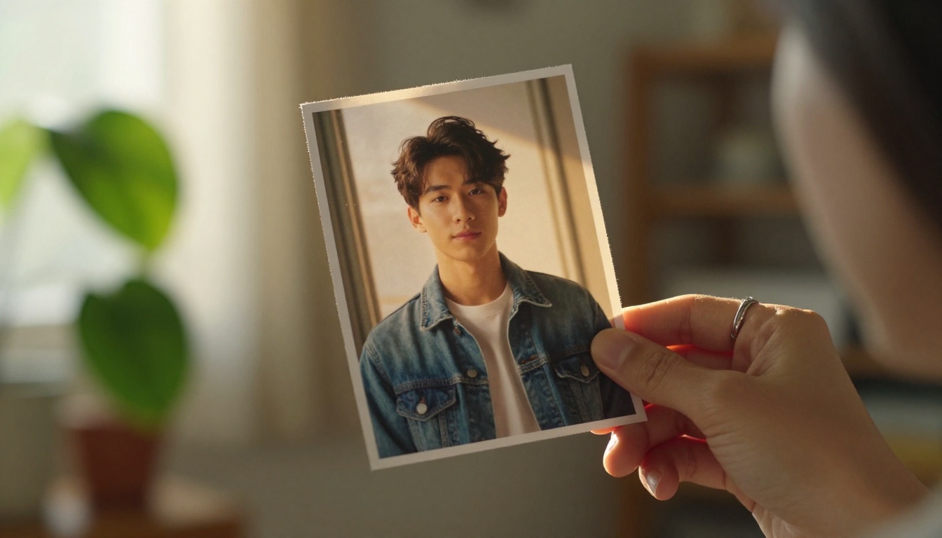 A hand holding a printed portrait of a young man in a denim jacket against a sunlit window
