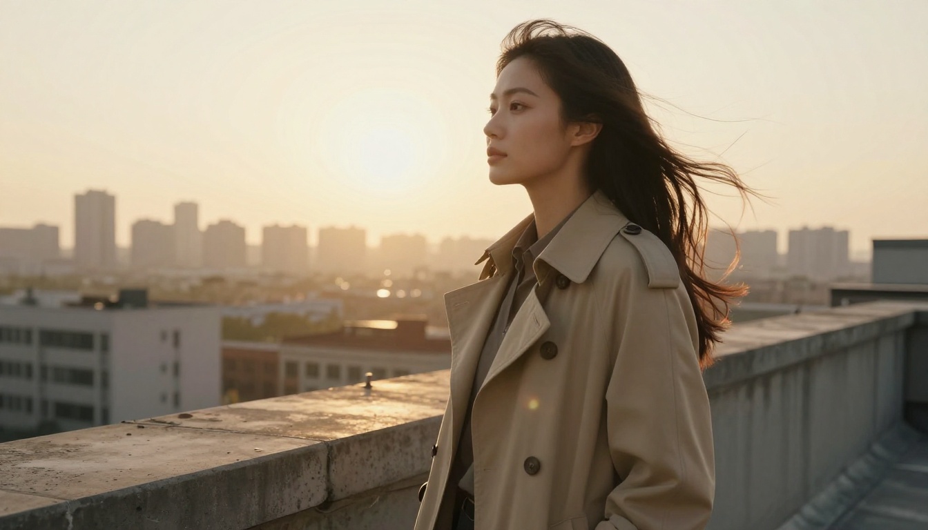 A photographer on a rooftop at golden hour shooting a model in a beige trench coat against a hazy skyline
