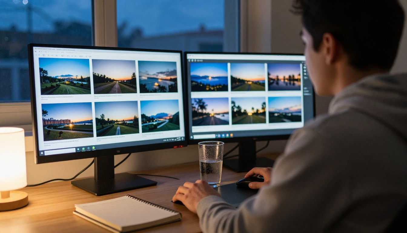 Over-the-shoulder view of a man at a home office desk with two monitors showing rows of landscape photo thumbnails