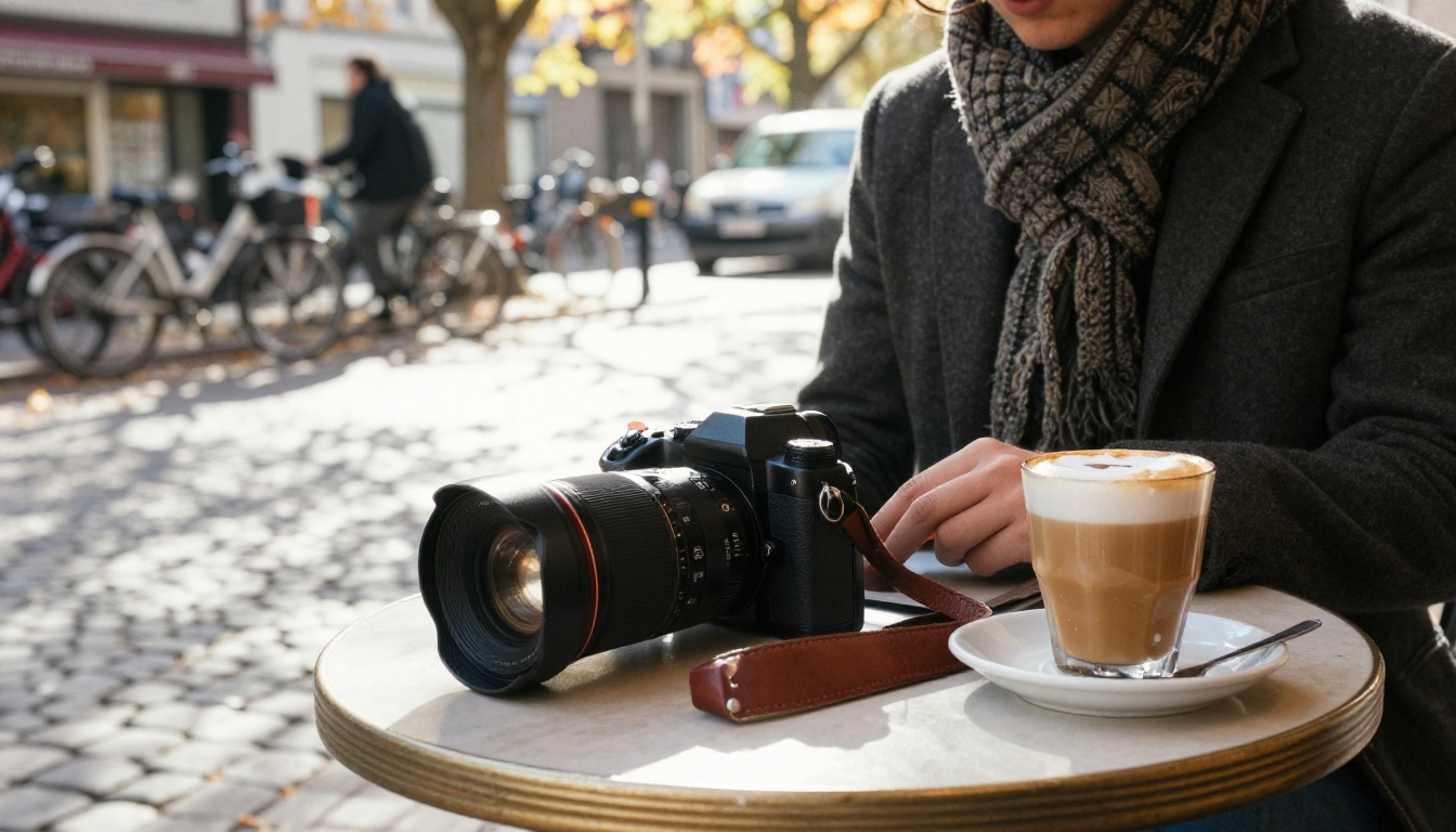 A freelance photographer working on a laptop at a cafe terrace table beside a camera and a cappuccino