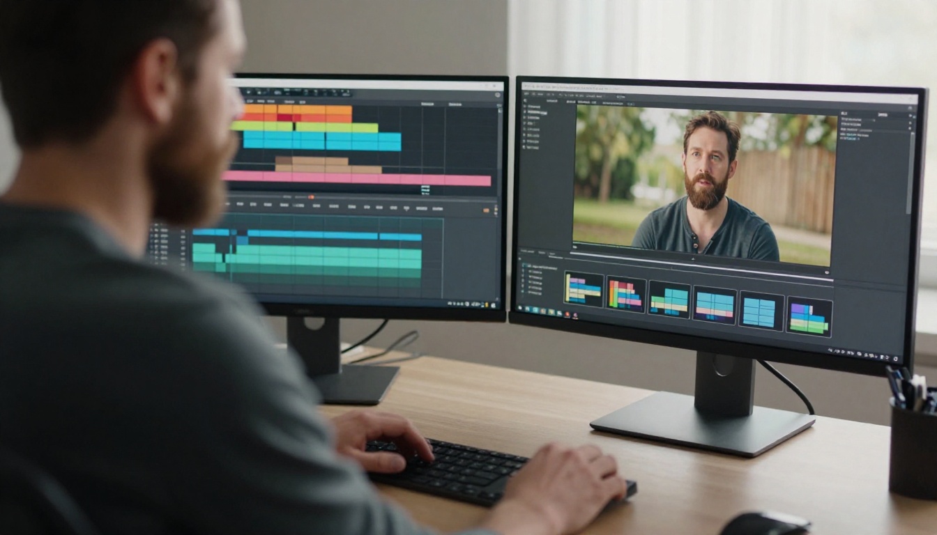 Video editor at a dual monitor desk with a multi-track timeline on screen