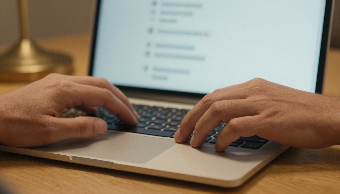 Hands typing on a laptop with a chat window blurred in the background
