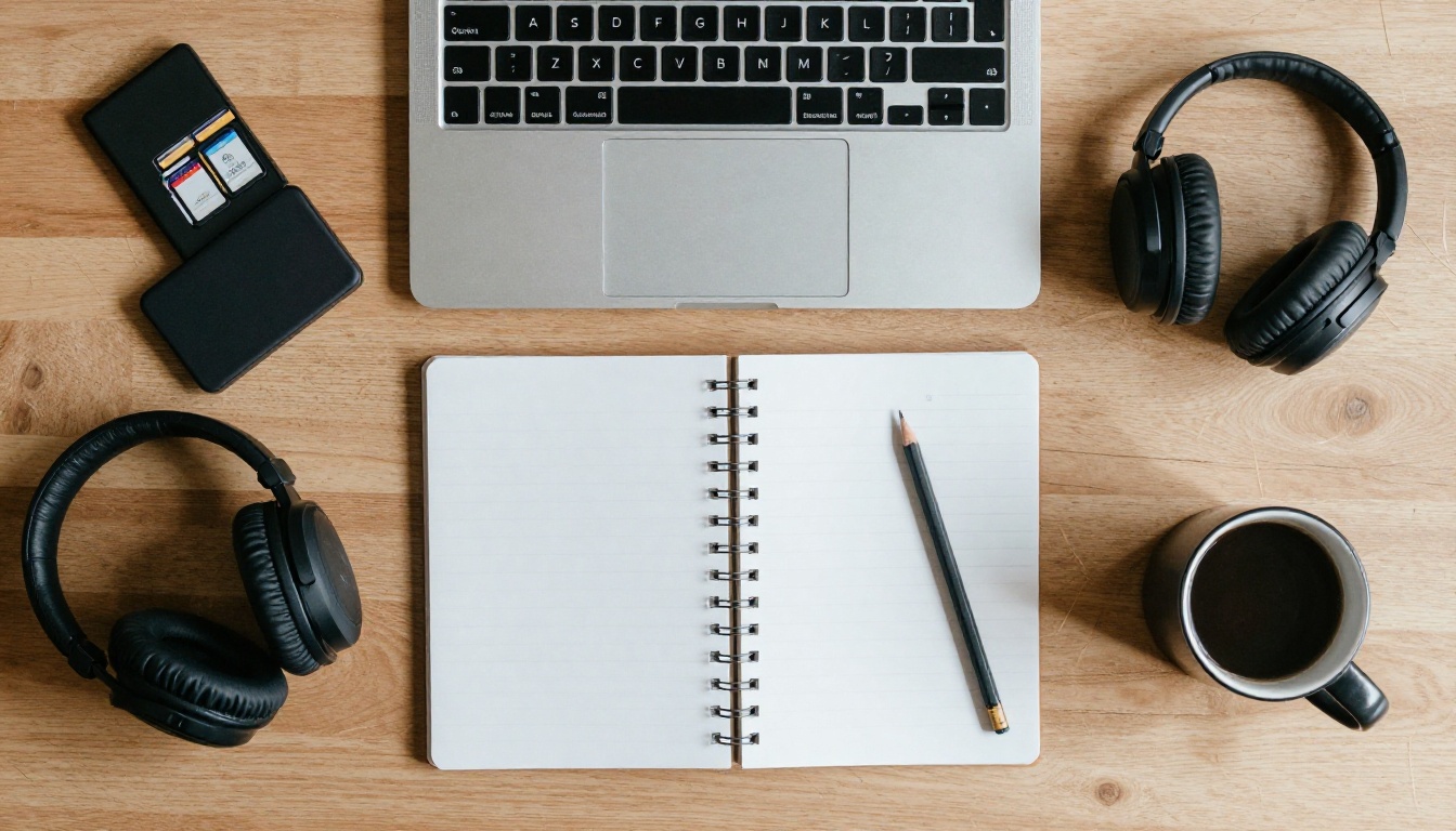 Top-down view of a tidy editing desk with laptop, notebook and external drives