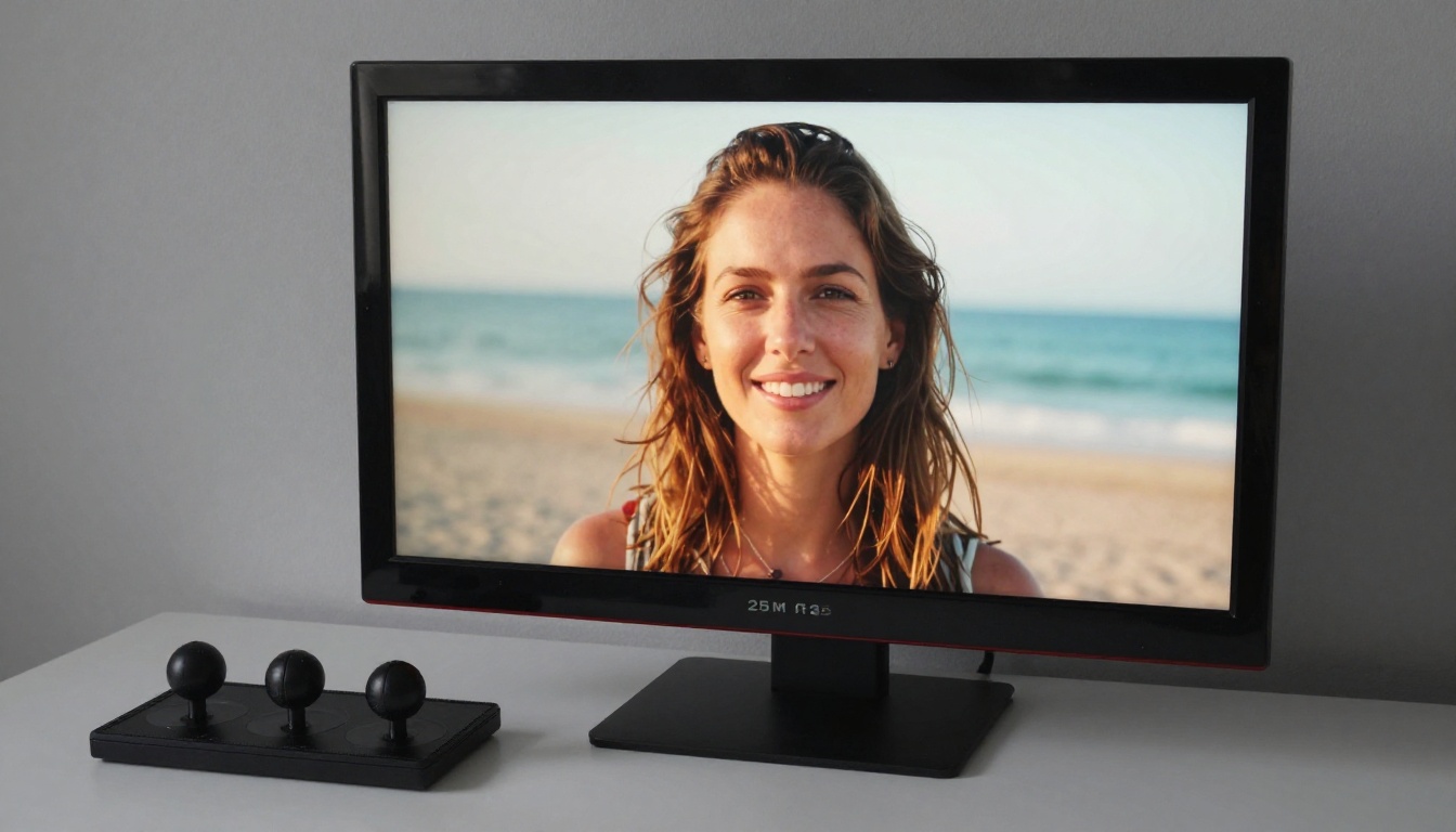 Low-angle view of a reference monitor showing a warm graded portrait