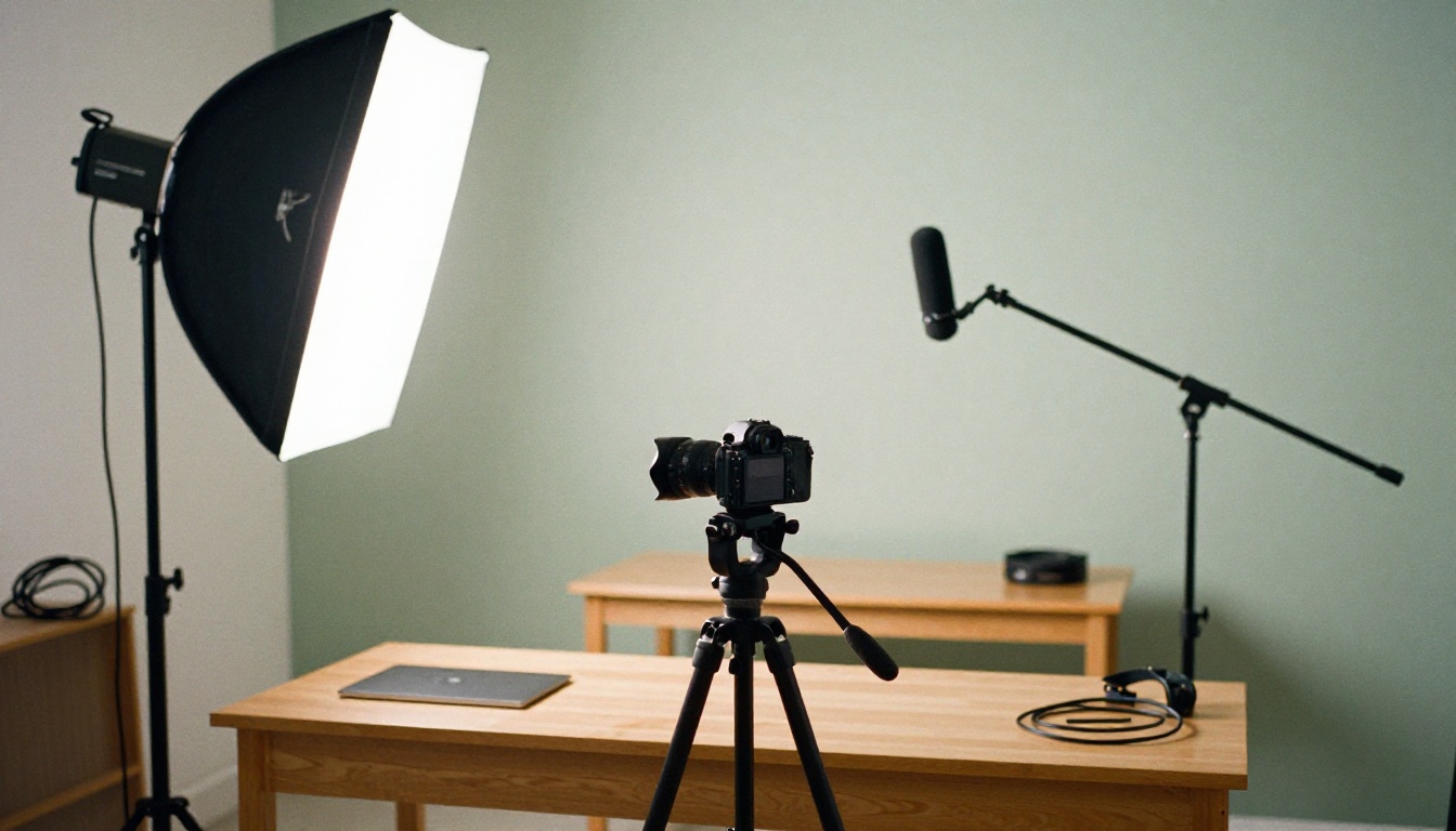 Small creator studio with a camera on a tripod, softbox and boom microphone
