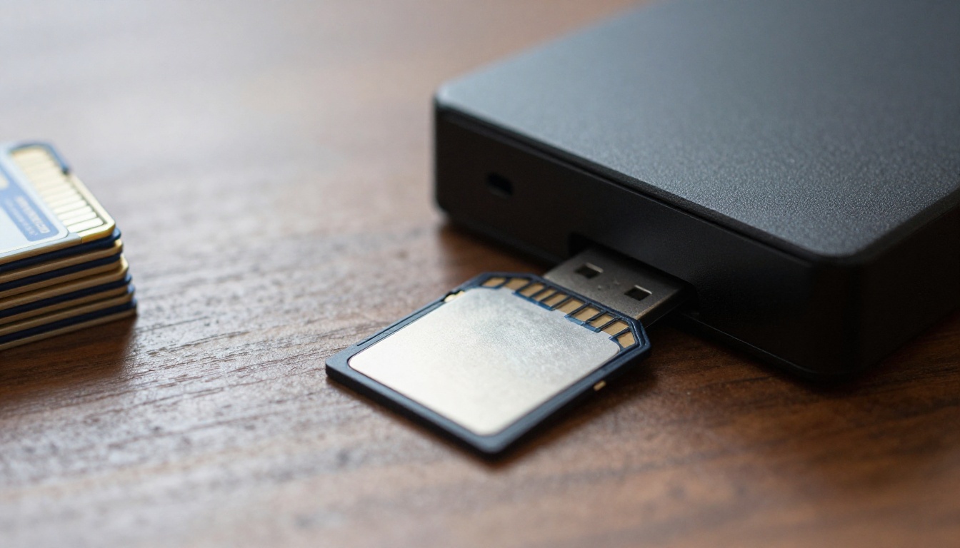Macro shot of an SD card sliding into a card reader