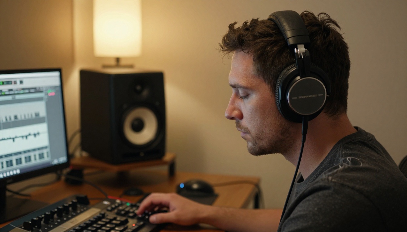 Sound editor in studio headphones listening at a small desk