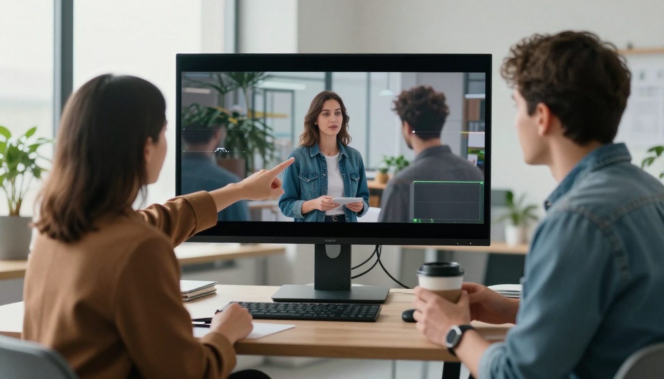 Two colleagues reviewing a rough cut on a wall-mounted monitor