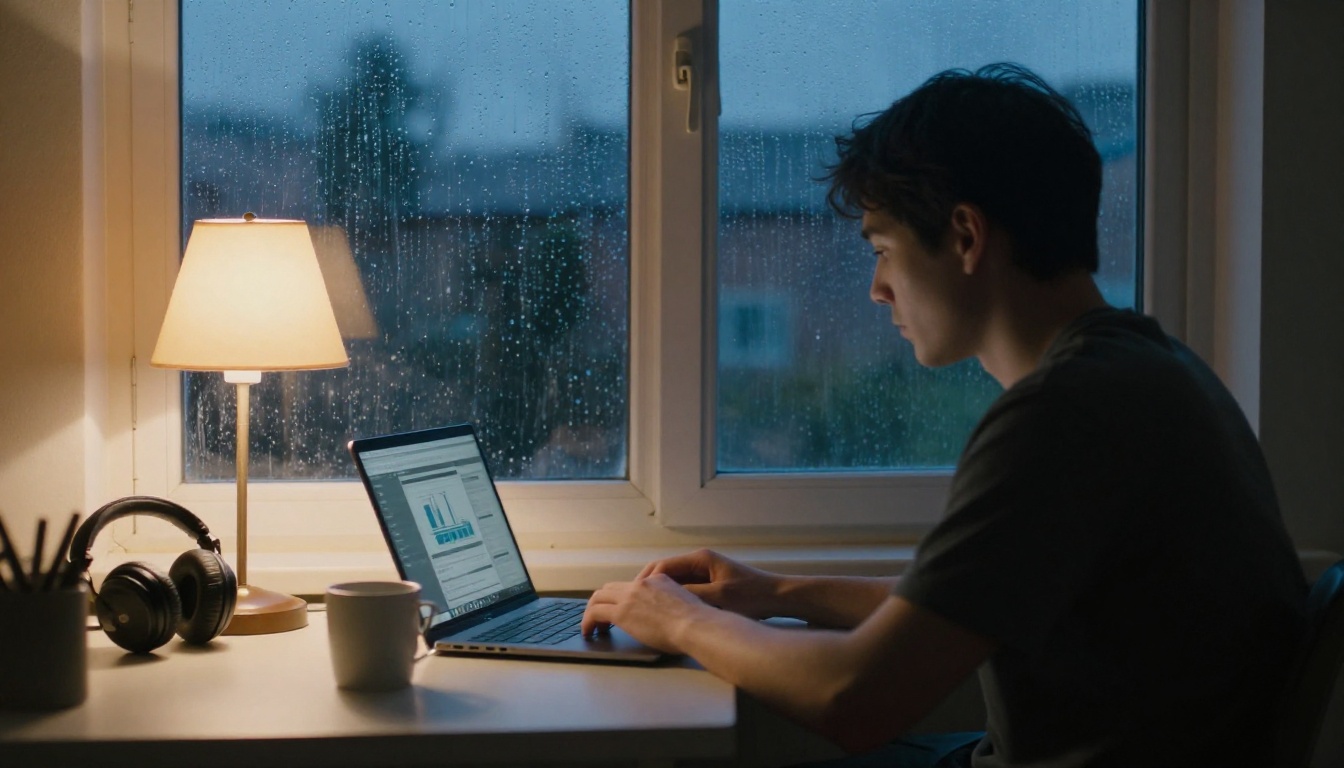 Freelance editor working alone at night, seen through a rain-speckled window