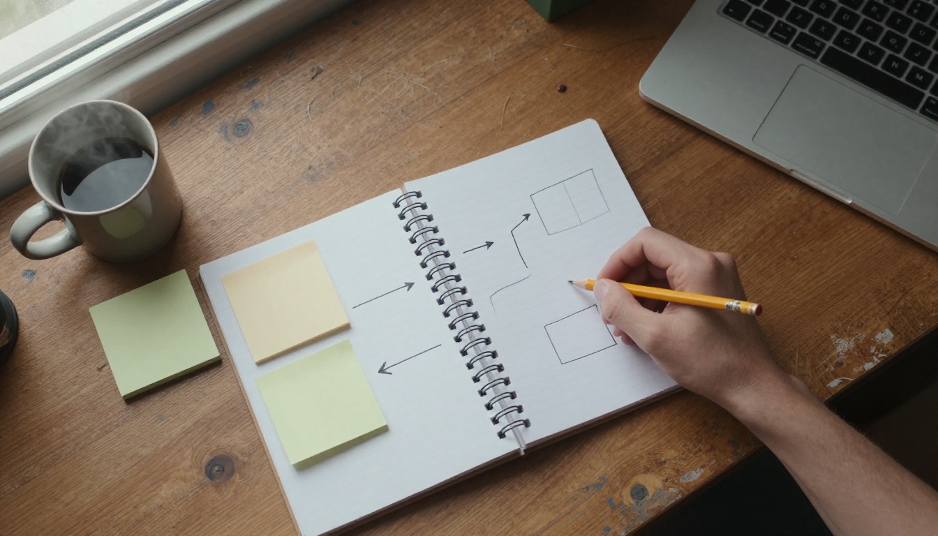 Hand drawing arrows between three boxes in a notebook to compare Unity MCP server options