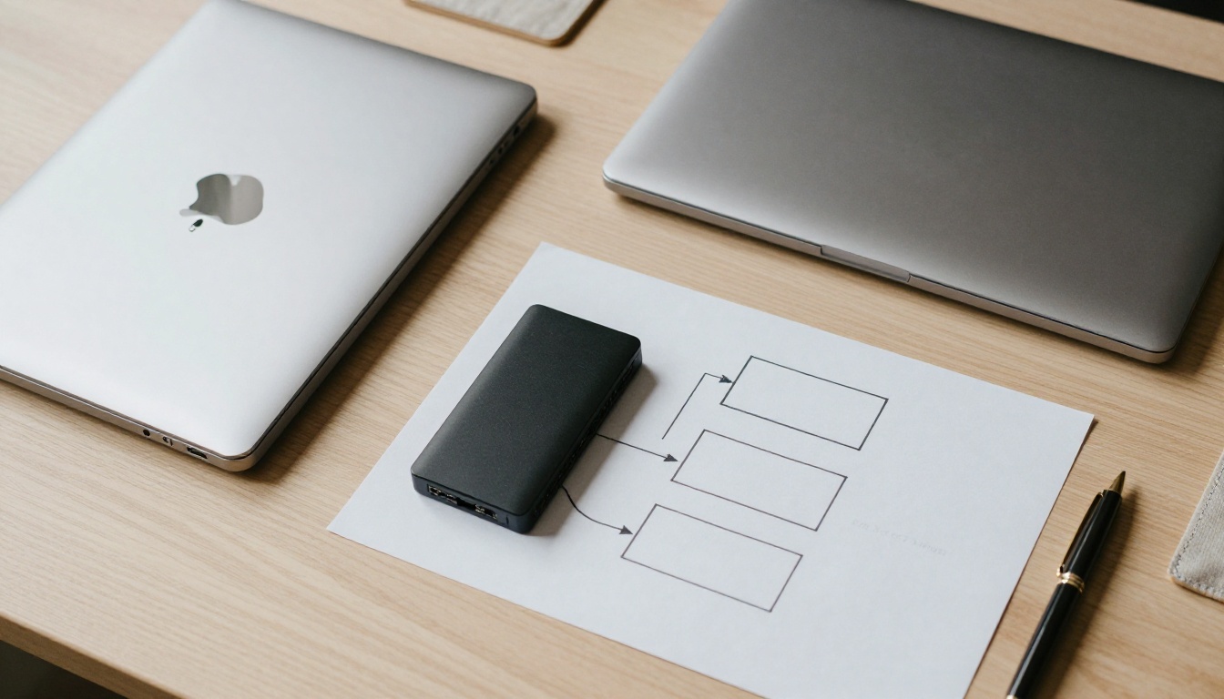 Overhead view of a laptop, a network switch and a hand-drawn three-box diagram on an oak desk